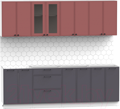 Кухонный гарнитур Интермебель Лион-18 2.4м без столешницы (красная глазурь софт/графит софт)