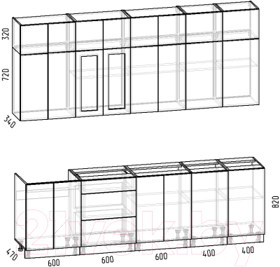 Кухонный гарнитур Интермебель Лион-9 2.6м без столешницы (белый софт/графит софт)