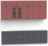 Кухонный гарнитур Интермебель Лион-9 2.6м без столешницы (красная глазурь софт/графит софт) - 