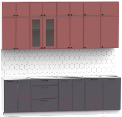 Кухонный гарнитур Интермебель Лион-9 2.6м без столешницы (красная глазурь софт/графит софт)