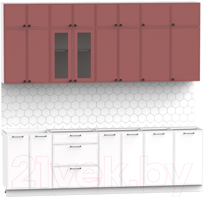 Кухонный гарнитур Интермебель Лион-9 2.6м без столешницы (красная глазурь софт/белый софт)