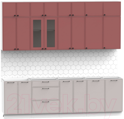 Кухонный гарнитур Интермебель Лион-9 2.6м без столешницы (красная глазурь софт/луна софт)