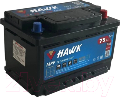 Автомобильный аккумулятор HAWK R+ низкий 740A / HSMF-57313 (75 А/ч)