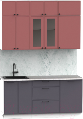 Кухонный гарнитур Интермебель Лион-3 В-1 1.7м (красная глазурь софт/графит софт/мрамор лацио белый)