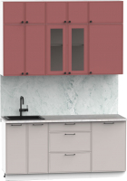 Кухонный гарнитур Интермебель Лион-3 В-1 1.7м (красная глазурь софт/луна софт/мрамор лацио белый) - 