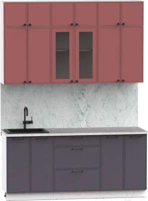 Кухонный гарнитур Интермебель Лион-4 В-1 1.8м (красная глазурь софт/графит софт/лунный камень)