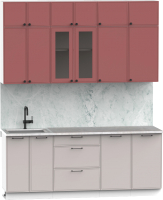 Кухонный гарнитур Интермебель Лион-5 В-1 2м (красная глазурь софт/луна софт/мрамор лацио белый) - 