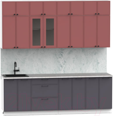 Кухонный гарнитур Интермебель Лион-8 В-1 2.4м (красная глазурь софт/графит софт/мрамор лацио белый)