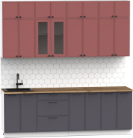 Кухонный гарнитур Интермебель Лион-8 В-1 2.4м (красная глазурь софт/графит софт/дуб фигурный светлый) - 
