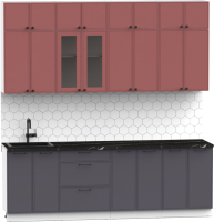 Кухонный гарнитур Интермебель Лион-8 В-1 2.4м (красная глазурь софт/графит софт/тунис) - 