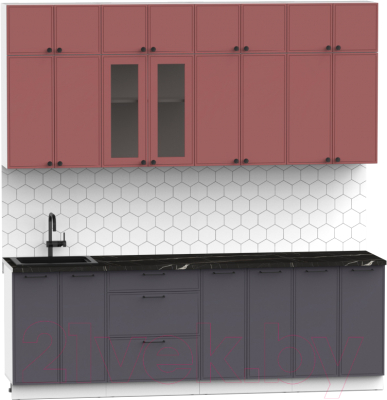 Кухонный гарнитур Интермебель Лион-8 В-1 2.4м (красная глазурь софт/графит софт/тунис)