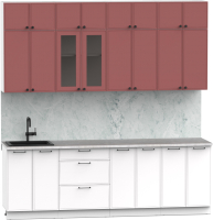 Кухонный гарнитур Интермебель Лион-8 В-1 2.4м (красная глазурь софт/белый софт/мрамор лацио белый) - 