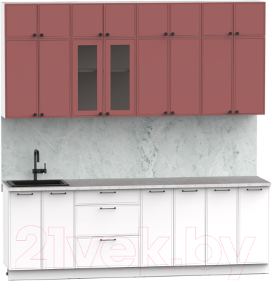 Кухонный гарнитур Интермебель Лион-8 В-1 2.4м (красная глазурь софт/белый софт/мрамор лацио белый)