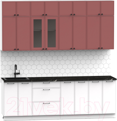 Кухонный гарнитур Интермебель Лион-8 В-1 2.4м (красная глазурь софт/белый софт/тунис)
