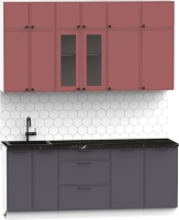 Кухонный гарнитур Интермебель Лион-5 В-1 2м (красная глазурь софт/графит софт/тунис) - 