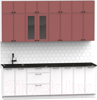 Кухонный гарнитур Интермебель Лион-8 В-1 2.4м (красная глазурь софт/белый софт/сесамо)