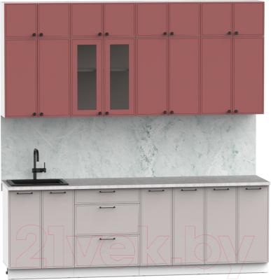 Готовая кухня Интермебель Лион-8 В-1 2.4м (красная глазурь софт/луна софт/мрамор лацио белый)