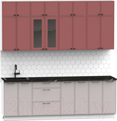Кухонный гарнитур Интермебель Лион-8 В-1 2.4м (красная глазурь софт/луна софт/сесамо)