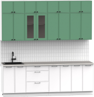 Кухонный гарнитур Интермебель Лион-8 В-1 2.4м (мята софт/белый софт/мрамор лацио белый) - 