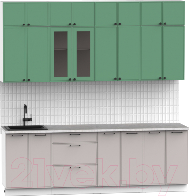 Кухонный гарнитур Интермебель Лион-8 В-1 2.4м (мята софт/луна софт/мрамор лацио белый)