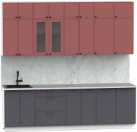Кухонный гарнитур Интермебель Лион-9 В-1 2.6м (красная глазурь софт/графит софт/мрамор лацио белый) - 