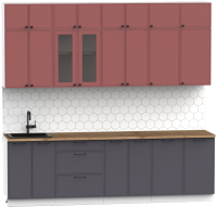 Кухонный гарнитур Интермебель Лион-9 В-1 2.6м (красная глазурь софт/графит софт/дуб фигурный светлый) - 