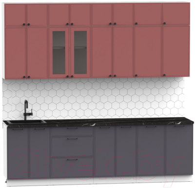 Готовая кухня Интермебель Лион-9 В-1 2.6м (красная глазурь софт/графит софт/сесамо)
