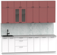 Кухонный гарнитур Интермебель Лион-9 В-1 2.6м (красная глазурь софт/белый софт/мрамор лацио белый) - 