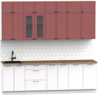 Кухонный гарнитур Интермебель Лион-9 В-1 2.6м (красная глазурь софт/белый софт/дуб фигурный светлый) - 