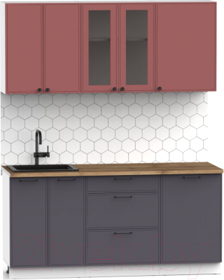 Кухонный гарнитур Интермебель Лион-13 В-1 1.7м (красная глазурь софт/графит софт/дуб фигурный светлый)