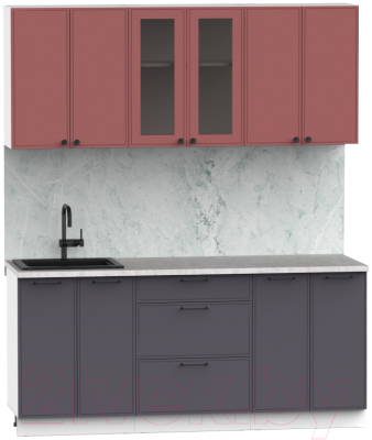 Кухонный гарнитур Интермебель Лион-14 В-1 1.8м (красная глазурь софт/графит софт/мрамор лацио белый)