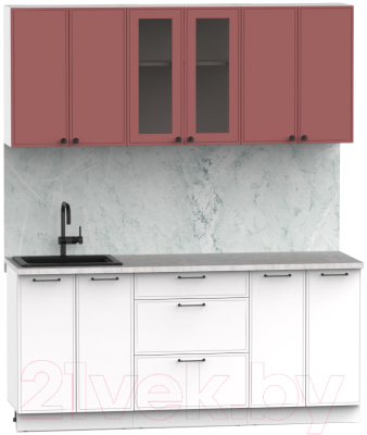 Кухонный гарнитур Интермебель Лион-14 В-1 1.8м (красная глазурь софт/белый софт/лунный камень)