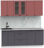 Кухонный гарнитур Интермебель Лион-15 В-1 2м (красная глазурь софт/графит софт/мрамор лацио белый) - 