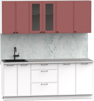 Кухонный гарнитур Интермебель Лион-15 В-1 2м (красная глазурь софт/белый софт/мрамор лацио белый) - 