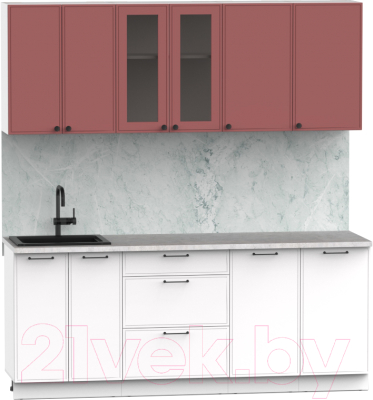 Кухонный гарнитур Интермебель Лион-15 В-1 2м (красная глазурь софт/белый софт/мрамор лацио белый)