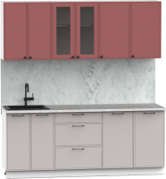 Кухонный гарнитур Интермебель Лион-15 В-1 2м (красная глазурь софт/луна софт/мрамор лацио белый) - 