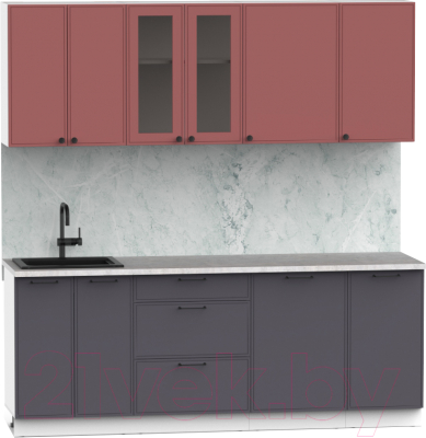 Готовая кухня Интермебель Лион-16 В-1 2.1м (красная глазурь софт/графит софт/мрамор лацио белый)