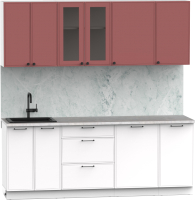 Кухонный гарнитур Интермебель Лион-16 В-1 2.1м (красная глазурь софт/белый софт/мрамор лацио белый) - 