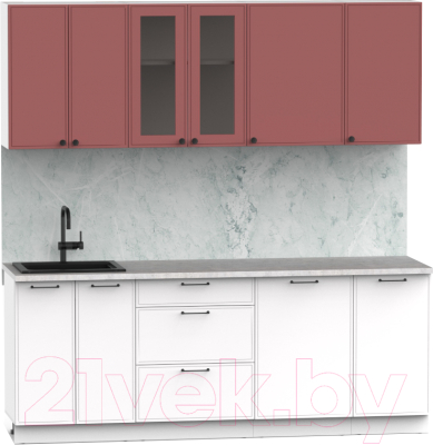 Готовая кухня Интермебель Лион-16 В-1 2.1м (красная глазурь софт/белый софт/мрамор лацио белый)