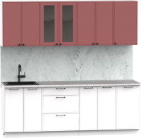 Кухонный гарнитур Интермебель Лион-17 В-1 2.2м (красная глазурь софт/белый софт/мрамор лацио белый) - 