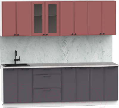 Готовая кухня Интермебель Лион-18 В-1 2.4м (красная глазурь софт/графит софт/мрамор лацио белый)