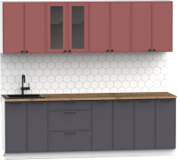 Готовая кухня Интермебель Лион-18 В-1 2.4м (красная глазурь софт/графит софт/дуб фигурный светлый) - 