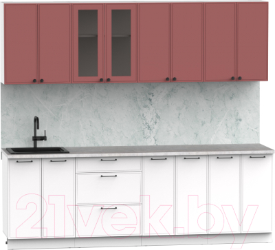 Готовая кухня Интермебель Лион-18 В-1 2.4м (красная глазурь софт/белый софт/мрамор лацио белый)