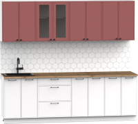Кухонный гарнитур Интермебель Лион-18 В-1 2.4м (красная глазурь софт/белый софт/дуб фигурный светлый) - 