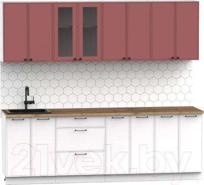 Готовая кухня Интермебель Лион-18 В-1 2.4м (красная глазурь софт/белый софт/дуб фигурный светлый)