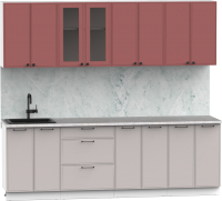 Кухонный гарнитур Интермебель Лион-18 В-1 2.4м (красная глазурь софт/луна софт/мрамор лацио белый) - 