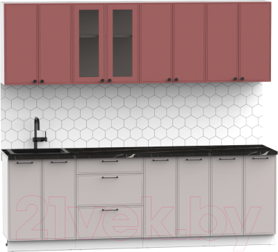 Кухонный гарнитур Интермебель Лион-18 В-1 2.4м (красная глазурь софт/луна софт/сесамо)