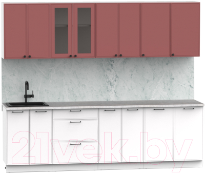 Кухонный гарнитур Интермебель Лион-19 В-1 2.6м (красная глазурь софт/белый софт/лунный камень)