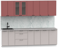 Кухонный гарнитур Интермебель Лион-19 В-1 2.6м (красная глазурь софт/луна софт/мрамор лацио белый) - 