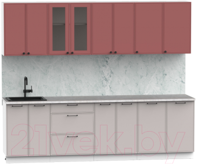 Кухонный гарнитур Интермебель Лион-19 В-1 2.6м (красная глазурь софт/луна софт/мрамор лацио белый)